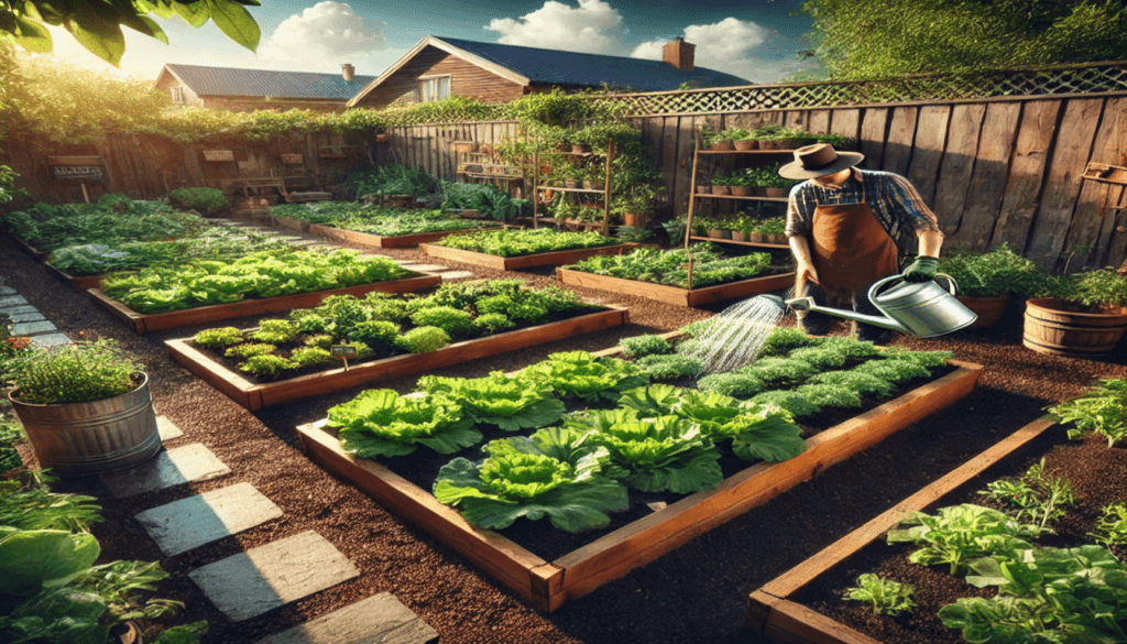 A Man watering a beautiful vegetable garden